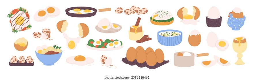 Eggs food. Mediterranean and asian meals with egg. Various cooking proteins, boiled and fried, in salad, sandwich and with bread. Fresh eat racy vector set