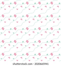 Eggs and footprints of pink dinosaur in seamless pattern. 