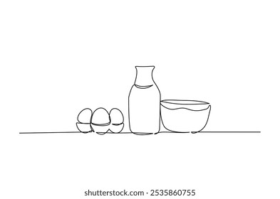 Eggs, fresh milk, and bowl continuous one line drawing. Bakery concept in single line art illustration. Editable vector.  