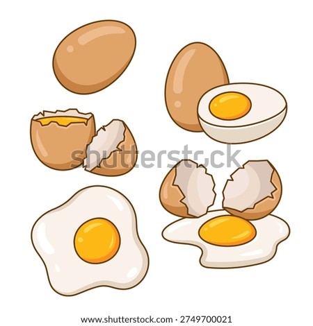 Eggs, fried, boiled, raw eggs illistrations, set of cartoon style simple drawings