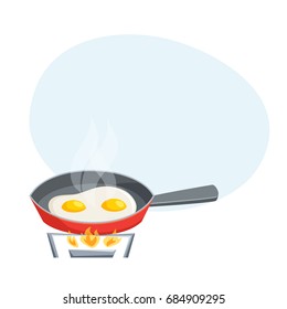 Eggs are fried in a frying pan. Cooking process vector illustration. Kitchenware and utensils. Food. Tasty breakfast recipe