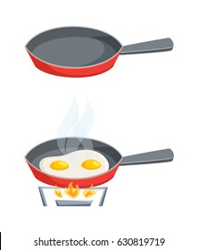 Eggs are fried in a frying pan or empty.  Cooking process vector illustration. Kitchenware and utensils isolated on white. Food. Tasty breakfast 