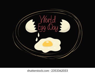 Eggs. Fried eggs. World Egg Day.   Eggshell. Calligraphy lettering. Vector illustration, background isolated.