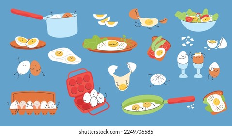 Eggs friends characters. Funny egg, breakfast menu cartoon food. Kawaii various yolk emotions. Healthy sandwich, easter, adorable lunch decent vector set