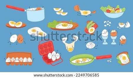 Eggs friends characters. Funny egg, breakfast menu cartoon food. Kawaii various yolk emotions. Healthy sandwich, easter, adorable lunch decent vector set