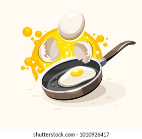 Eggs frying on the hot pan. Healthy english breakfast with egg yolk and broken shells, isolated white background. Vector illustration.