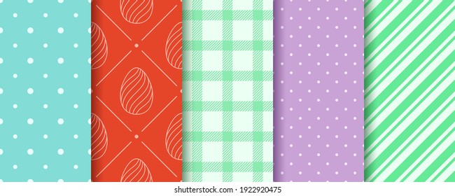 Colección de diseños de patrones Eggs, Gingham, Polka Dot y Striped. Patrones sin costuras de Pascua. Textura sin fin para la web, mantel de picnic, papel de envoltura. Plantillas de patrón en el panel Muestras.