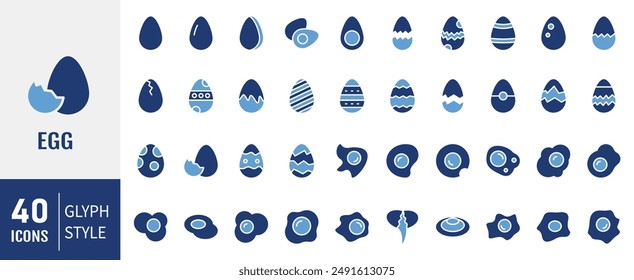 Eggs glyph icon set. Container, easter hunt basket, eggshell, yolk, scrambled, cooking ingredient minimal vector illustration. Simple outline sign for breakfast.  Editable Stroke