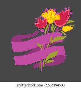 Eggs in grass and blank ribbon isolated icon Easter holiday symbol colored shell with ornament polka dot pattern Christian holiday celebration spring empty space for greeting sign emblem or logo.