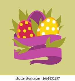 Eggs in grass and blank ribbon isolated icon Easter holiday symbol colored shell with ornament polka dot pattern Christian holiday celebration spring empty space for greeting sign emblem or logo.