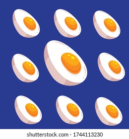 eggs half, Boiled eggs infographical concept with three illustrated stages of egg boiling with slices and text captions vector illustration
