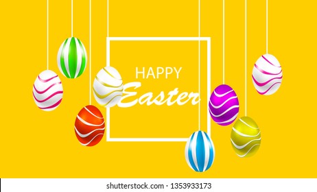eggs are hanging on the background greeting with Easter