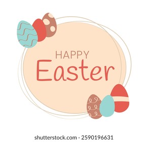 Eggs, happy Easter in round outline Frame. Fun Painted patterned Doodle holiday elements. Greeting Card text, kids poster Egg hunt. Isolated decor. Spring event. Bright colors. Vector illustration