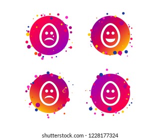 Eggs happy and sad faces icons. Crying smiley with tear symbols. Tradition Easter Pasch signs. Gradient circle buttons with icons. Random dots design. Vector
