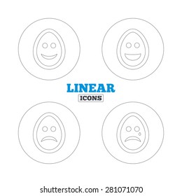 Eggs happy and sad faces icons. Crying smiley with tear symbols. Tradition Easter Pasch signs. Linear outline web icons. Vector