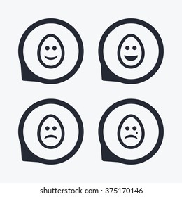 Eggs happy and sad faces icons. Crying smiley with tear symbols. Tradition Easter Pasch signs. Flat icon pointers.