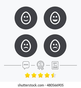 Eggs happy and sad faces icons. Crying smiley with tear symbols. Tradition Easter Pasch signs. Chat, award medal and report linear icons. Star vote ranking. Vector