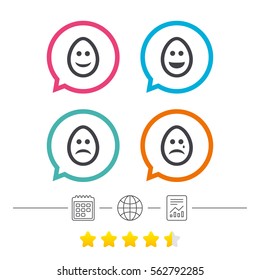 Eggs happy and sad faces icons. Crying smiley with tear symbols. Tradition Easter Pasch signs. Calendar, internet globe and report linear icons. Star vote ranking. Vector