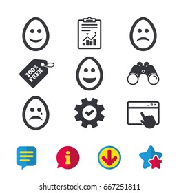 Eggs happy and sad faces icons. Crying smiley with tear symbols. Tradition Easter  signs. Browser window, Report and Service signs. Binoculars, Information and Download icons. Stars and Chat