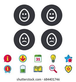 Eggs happy and sad faces icons. Crying smiley with tear symbols. Tradition Easter Pasch signs. Calendar, Information and Download signs. Stars, Award and Book icons. Light bulb, Shield and Search