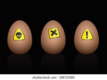 Eggs with hazard symbols on it - warning against unhealthy food or nutrition. Vector illustration on black background.