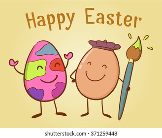 Eggs holding paint brush and paint, Happy Easter vector illustration
