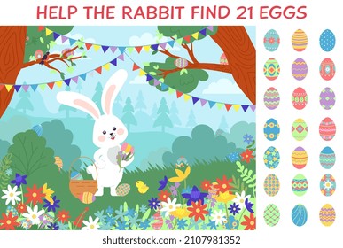 Eggs hunt  Easter puzzle game location and bunny   egg in garden forest  Hare   chicken and basket  festive play hidden objects decent vector background