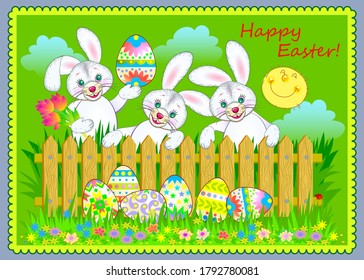 Eggs hunting. Easter greeting card. Illustration of three cute bunnies. Best holiday wishes from happy rabbits. Modern print with lettering for kids book cover. Vector cartoon image.