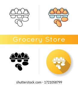 Eggs icon. Chicken products in tray package. Farming raw fresh food. Culinary recipe ingredient. Breakfast meal. Supermarket foodstuff. Linear black and RGB color styles. Isolated vector illustrations