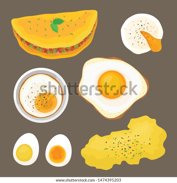 茶色の背景に平らなスタイルの卵イラストベクター画像 卵をさまざまな方法で調理したイラスト オムレツ ポーチド 揚げ物 焼き上げ ソフトボイルド ハードボイルド スクランブル卵 のベクター画像素材 ロイヤリティフリー 1474395203
