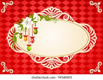 Eggs with lace ornaments and flowers. Easter vector card