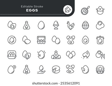 Conjunto de iconos de línea de huevos. Huevo de pollo, hervido, hervido suave, fresco, podrido, roto, huevo escalfado, frito, tortilla, pollo, bandeja y más. Icono de Vector de contorno en estilo lineal. Colección de pictogramas.
