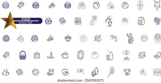 Eggs line icon set. Container, easter hunt basket, eggshell, yolk, scrambled, cooking ingredient