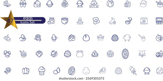 Eggs line icon set. Container, easter hunt basket, eggshell, yolk, scrambled, cooking ingredient