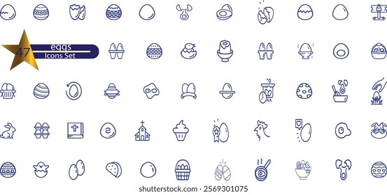 Eggs line icon set. Container, easter hunt basket, eggshell, yolk, scrambled, cooking ingredient