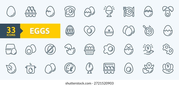 Eggs line icon set. Container, easter hunt basket, eggshell, yolk, scrambled, cooking ingredient minimal vector illustration. Simple outline sign for breakfast. 