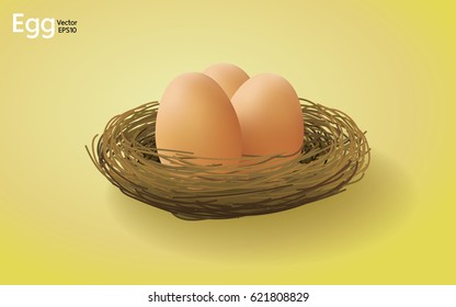 Eggs in the nest basket, Realistic style vector illustration.