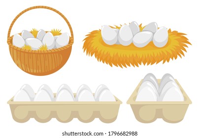 Eggs in nest and basket. Tray of chickens eggs. Open cardboard paper package with organic and natural products for cooking. Farming and agricultural concept for eating vector illustration