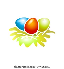 Eggs in a nest with blue flowers. Easter. Christian symbol. Easter template. Food. Symbol, icon, isolated pattern stationery. Vintage egg in a nest. Golden symbol of Easter. Gold. Modern illustration
