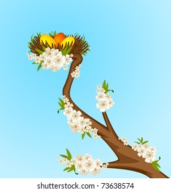 Eggs in nest with flowers. Easter card
