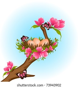 Eggs in nest with flowers. Easter card