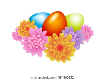 Eggs in a nest with flowers. Easter. Christian symbol. Easter template. Food. Symbol, icon, isolated pattern stationery. Vintage egg in a nest. Golden symbol of Easter. Easter illustration