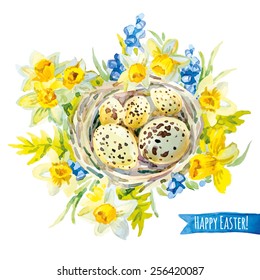 Eggs in the nest with flowers. Happy Easter! Watercolor greeting card.