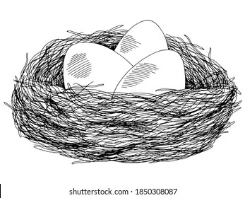 Eggs nest graphic. Black white isolated sketch illustration, vector.