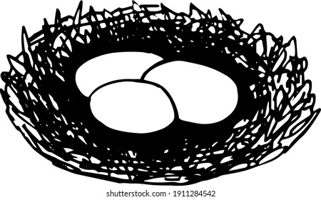 eggs in the nest icon, sticker. sketch hand drawn doodle style. minimalism, monochrome. spring, easter birds