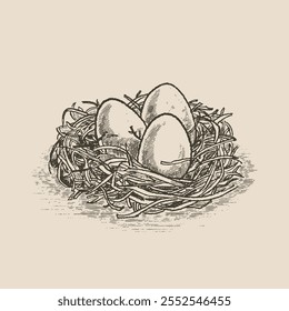 Eggs in a nest, illustration in the style of a medieval engraving