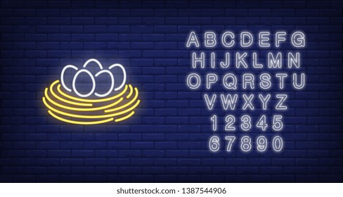 Eggs in nest neon sign. Nature and Easter design. Night bright neon sign, colorful billboard, light banner. Vector illustration in neon style.