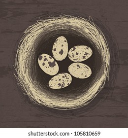 Eggs in nest on wooden texture. Vector illustration, EPS 10