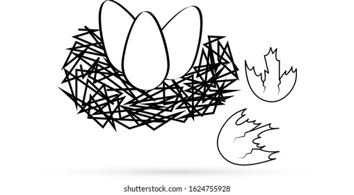 eggs in nest with shell of egg isolated on white, doodle easter animal icon, kids hand drawing art line, sketch vector stock illustration