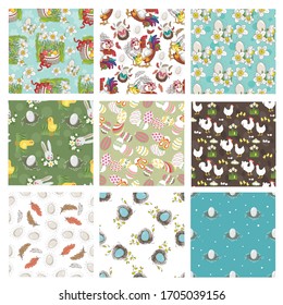 Eggs, nests, ornaments, bunnies, rabbits, baskets, chickens. Set of seamless pattern with vector illustrations with Happy Easter theme